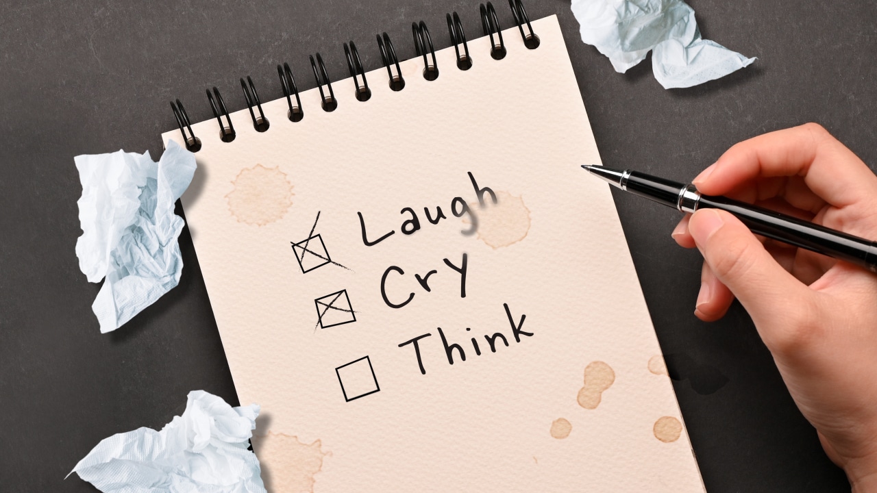 An employee at Bullseye Media, LLC in Minneapolis, MN uses a checklist with three items: Laugh, Cry, and Think to foster creativity and innovation.