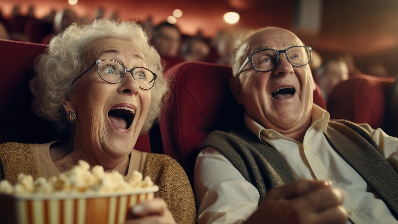 elderly couple holding popcorn and laughing in a movie theater