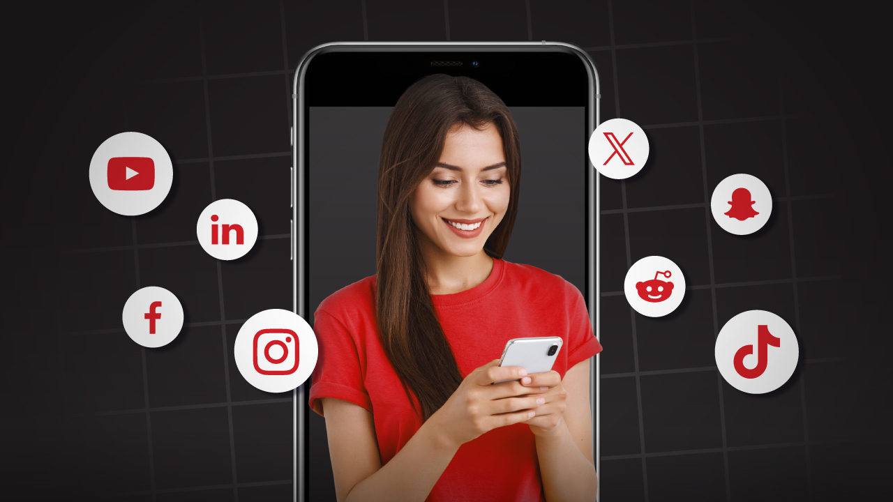 Girl on a phone with social media icons surrounding her